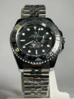 Rolex GMT Black Dial Silver Bracelet Black Bezel Watch