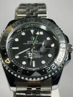 Rolex GMT Black Dial Silver Bracelet Black Bezel Watch - Image 3